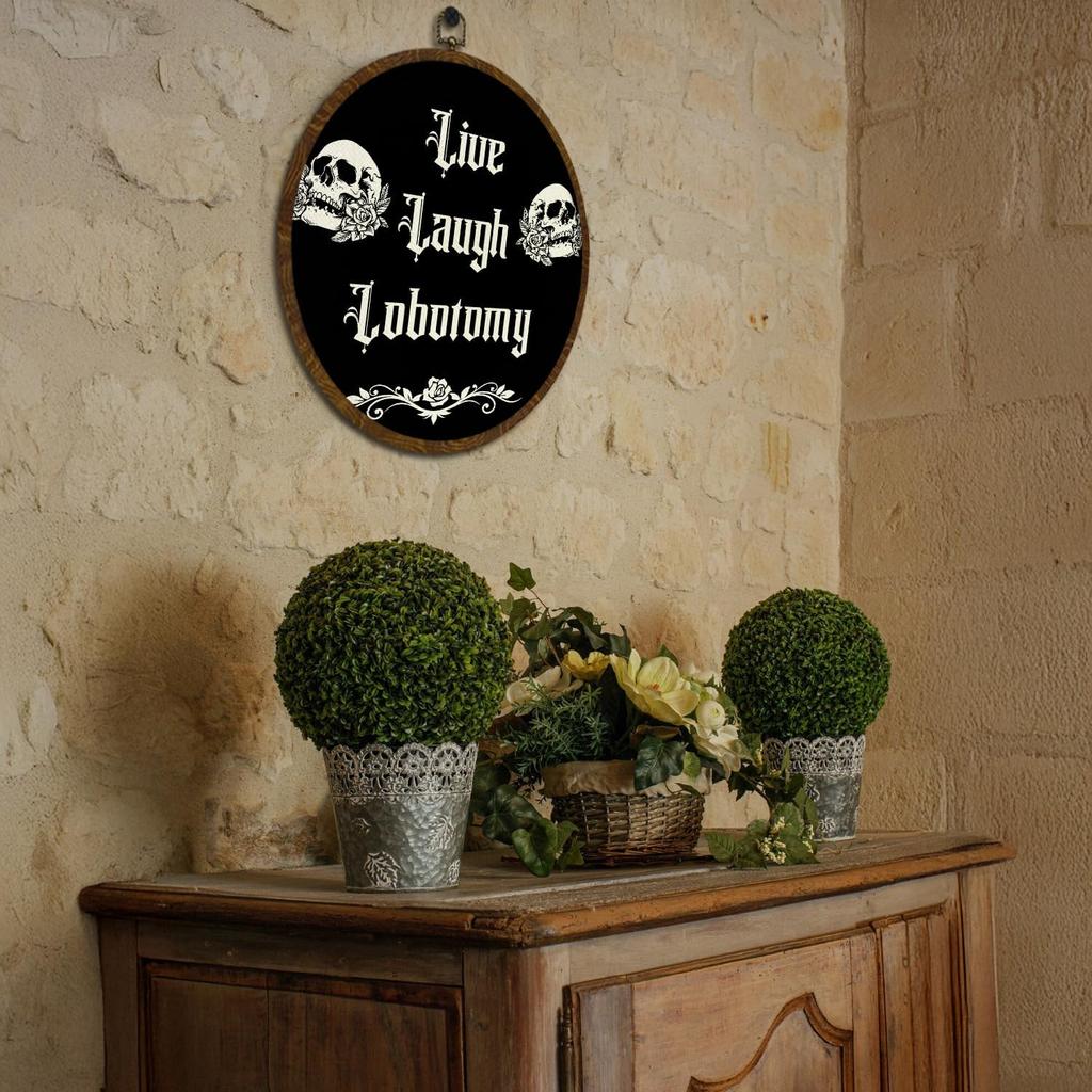 KLYTINK Gothic Skull Round Wall Art,Dark Humor-Live Laugh Lobotomy-Canvas Hanging Decor, Punk Rock Alternative Quote Sign for Bedroom, Office, Dorm