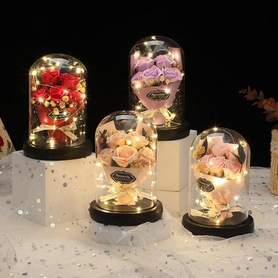 Valentine’s Day Gift: Preserved Rose Night Light Ornament with Artificial Soap Flower, Glass-Covered Souvenir.