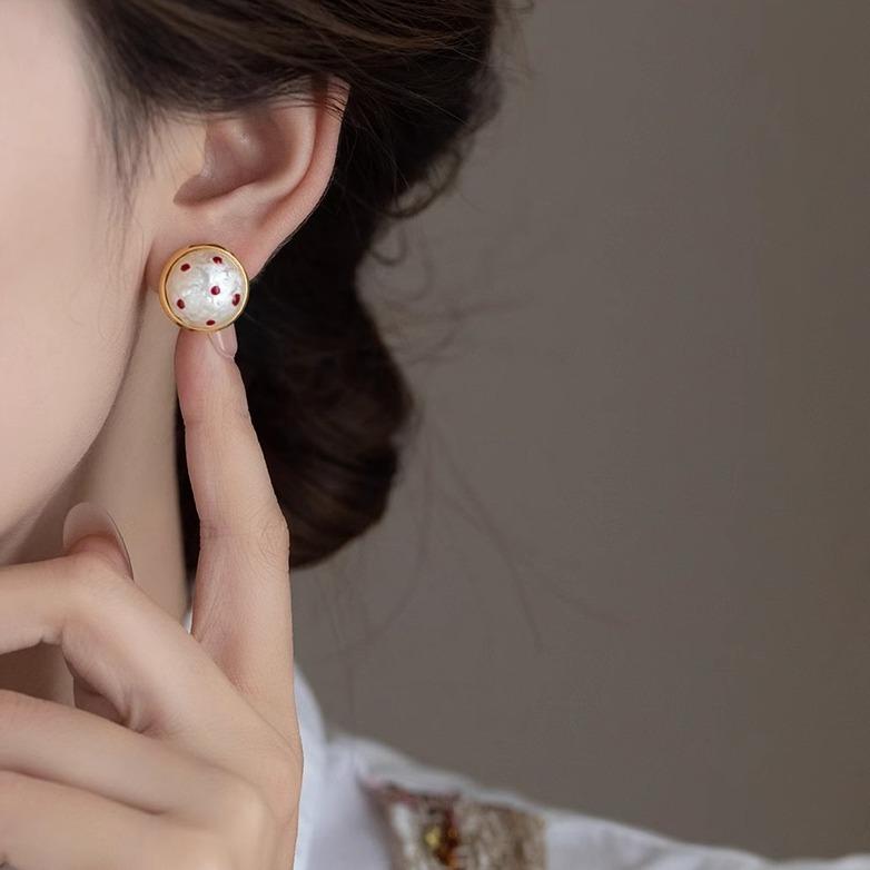 Hemisphere Red Polka Dot Pearl Stud Earrings Fashion Simple Earrings Natal Year Earrings