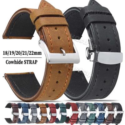 Horlogeband Koeienhuid Leer Horlogeband 18mm 19mm 20mm 21mm 22mm Roestvrijstalen Gesp Vlindersluiting Armband voor Dames Heren Horlogeband Vintage
