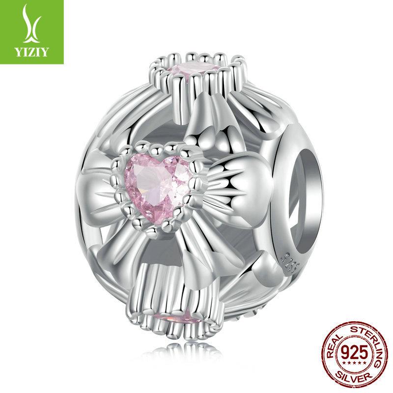 Romantic Pink Bow Diy Bracelet Beaded Accessories, Sweet Girl Heart S925 Sterling Silver Glazed Beads