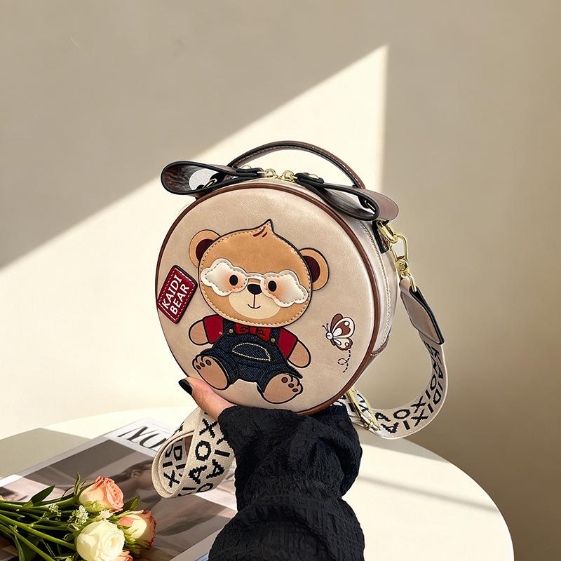 Cartoon Teddy Bear Round Cookie Handheld & Crossbody Bag with Wide Strap - Women's Cute Small Bag
