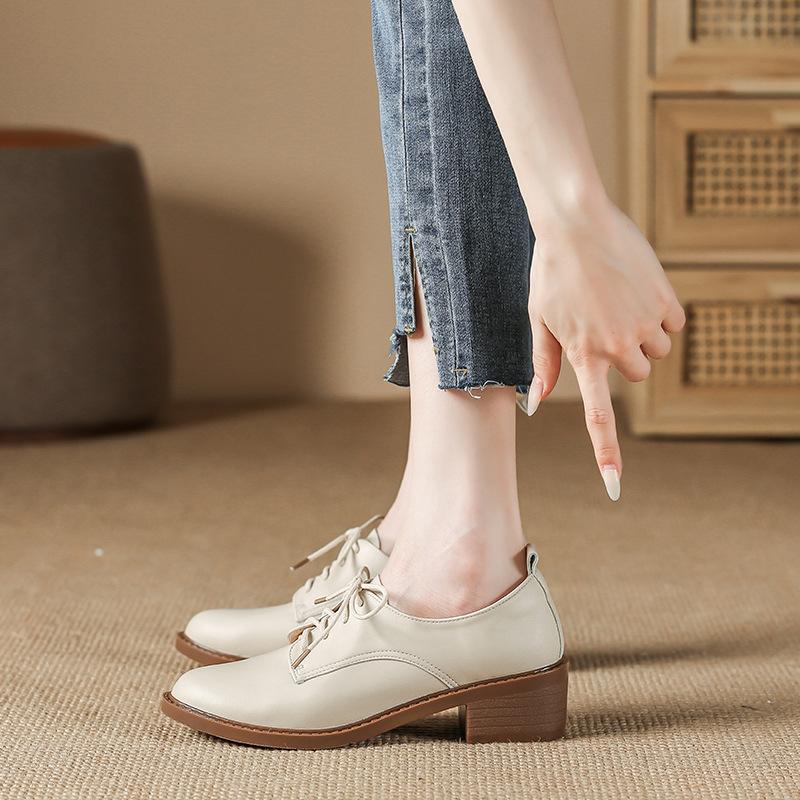 Med-High Heels Oxford Shoes Woman Lace-Up Sneakers Solid Leather Brogues Ladies All Match Loafers Office Dress Flats Women