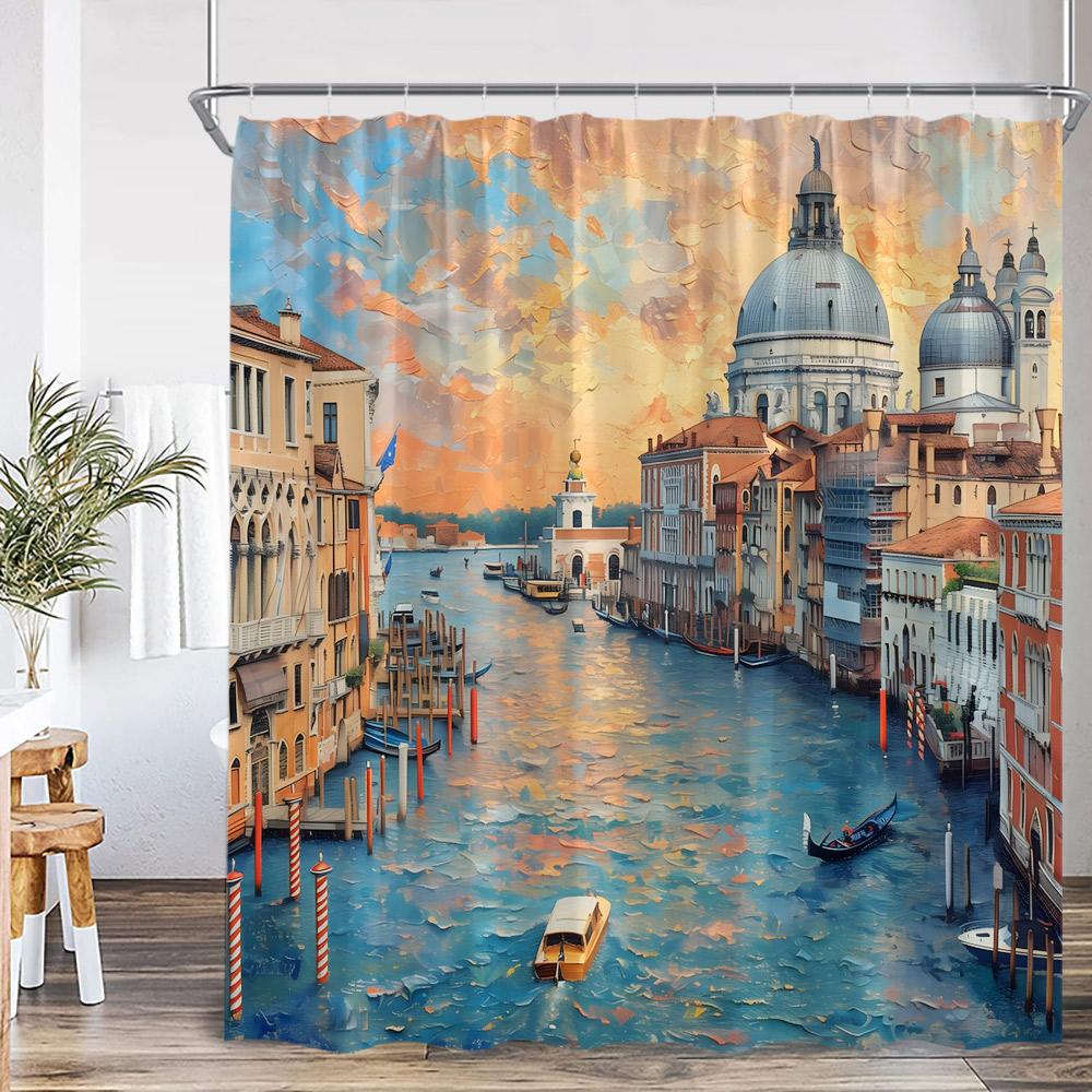 Griechische Stadtlandschaft Ölgemälde Duschvorhang Venedig Italien Straßenansicht Europäische Landschaft Badezimmer Dekor Polyester Badvorhang