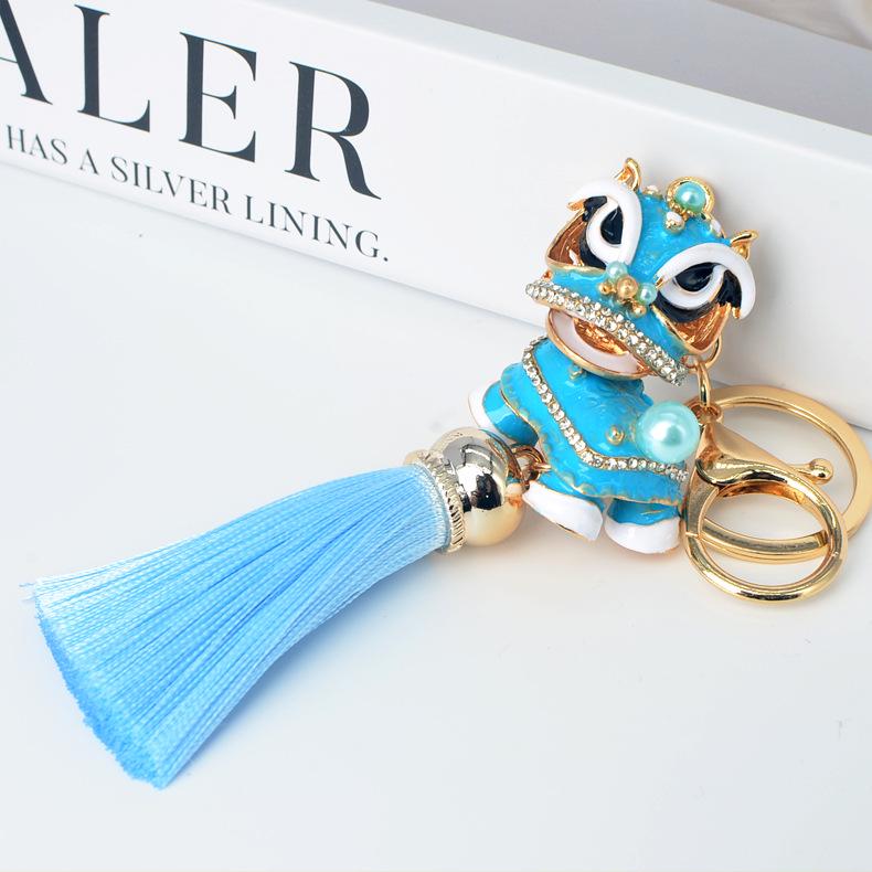 Chinese Red Tassel Dancing Lion Keychain with Rhinestone Charm