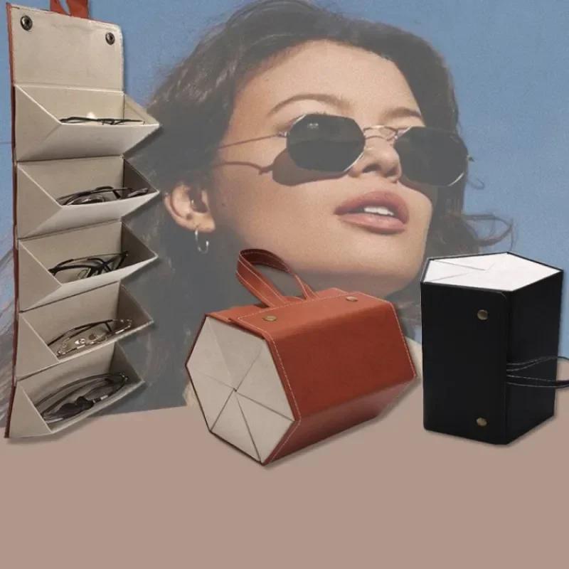 Glasses Storage Box With Multiple Compartments Large Capacity Portable Leather Foldable Sunglasses Storage Box