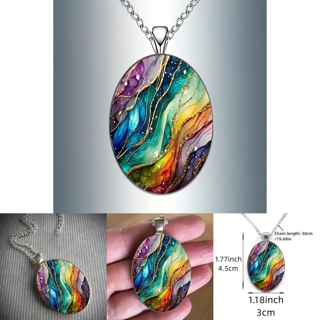 Fantasy Wave Pattern Glass Pendant Necklace With Chain For Fashion Enthusiasts