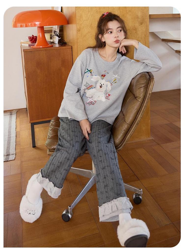 Women's Spring/Autumn Cotton Pajama Set with Built-in Bra, 2025 Model, Cute Dog Print, Indoor/Outdoor Wear