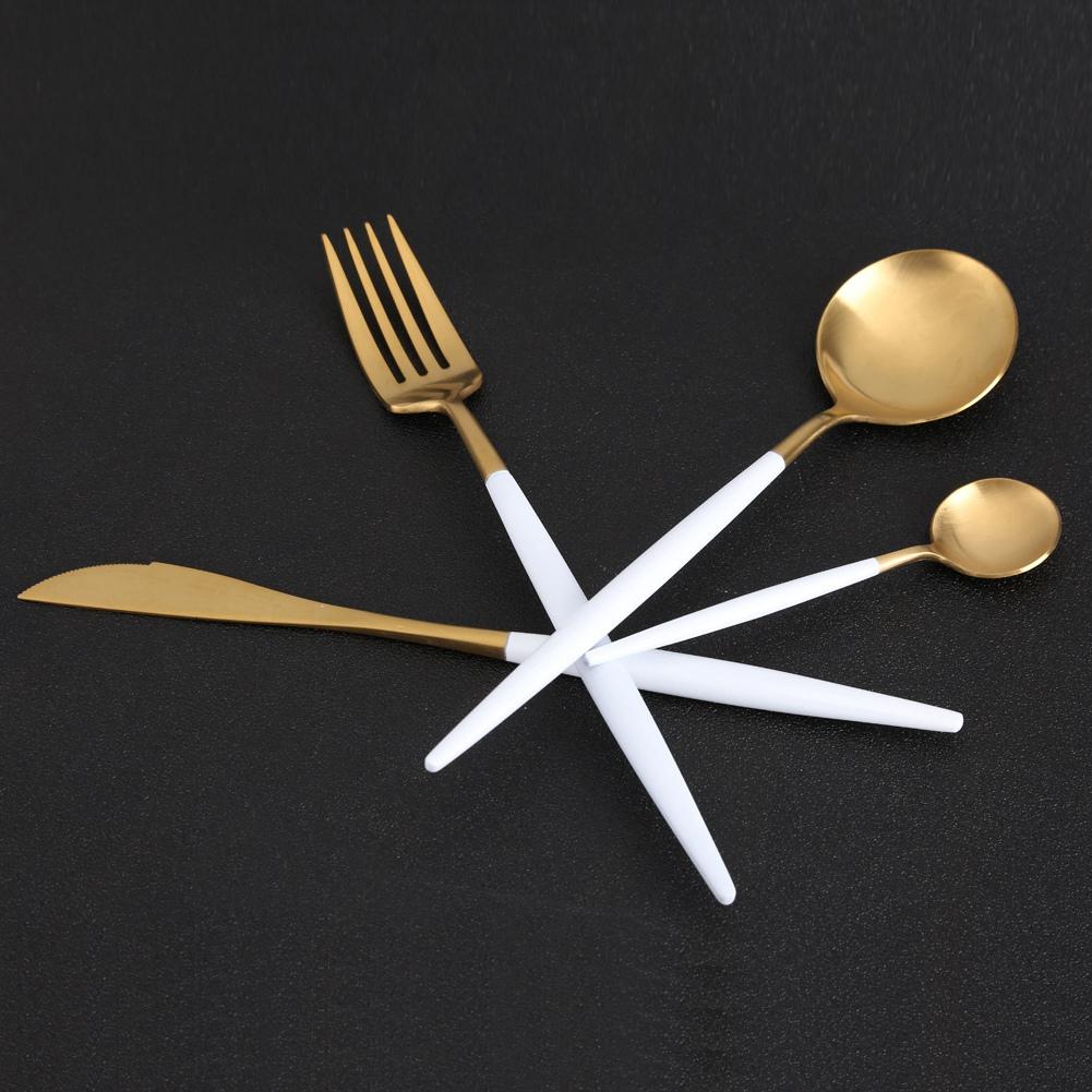 4Pcs Set Stainless Steel Colored Tableware Spoon Fork Knife Dinnerware Home Use White  Golden