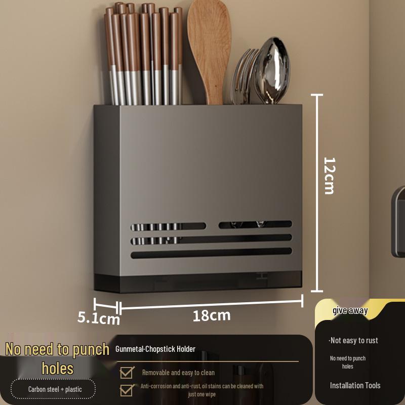 Gun Gray No-Drill Wall-Mounted Kitchen Storage Rack for Knives and Seasoning