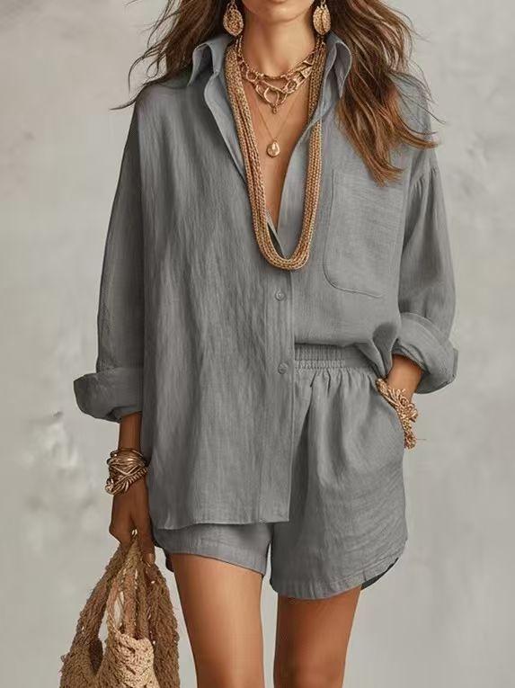 1116 Frühling und Sommer Neu Europäischer und Amerikanischer Lässiger Stil Hemd Set Modisch Einfarbige Shorts Zweiteiliges Set Damen