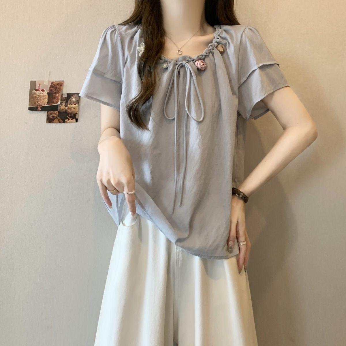 Sweet Ruffled Neck Blouse with Floral Buttons and Front Tie Knot, Short Flutter Sleeves s