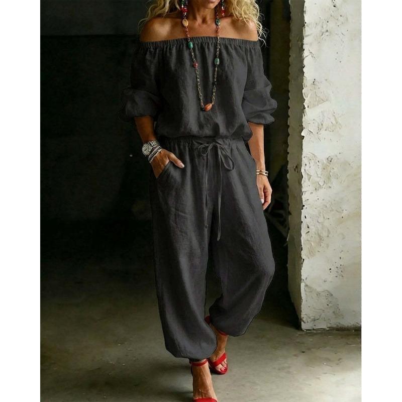 Womens Off Shoulder Long Sleeve Top Drawstring Waist Tapered Pants Two Piece Casual Outfit