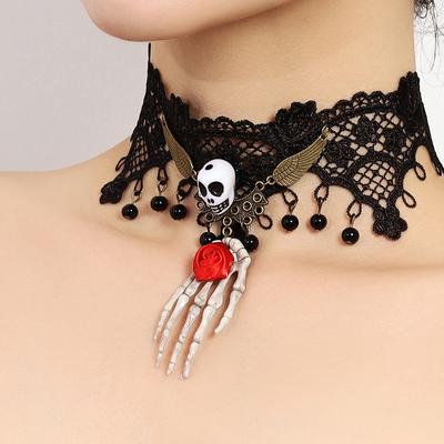 Collar de Encaje de Palma de Rosa Calavera de Halloween, Gargantilla Gótica de Viento Oscuro Vintage