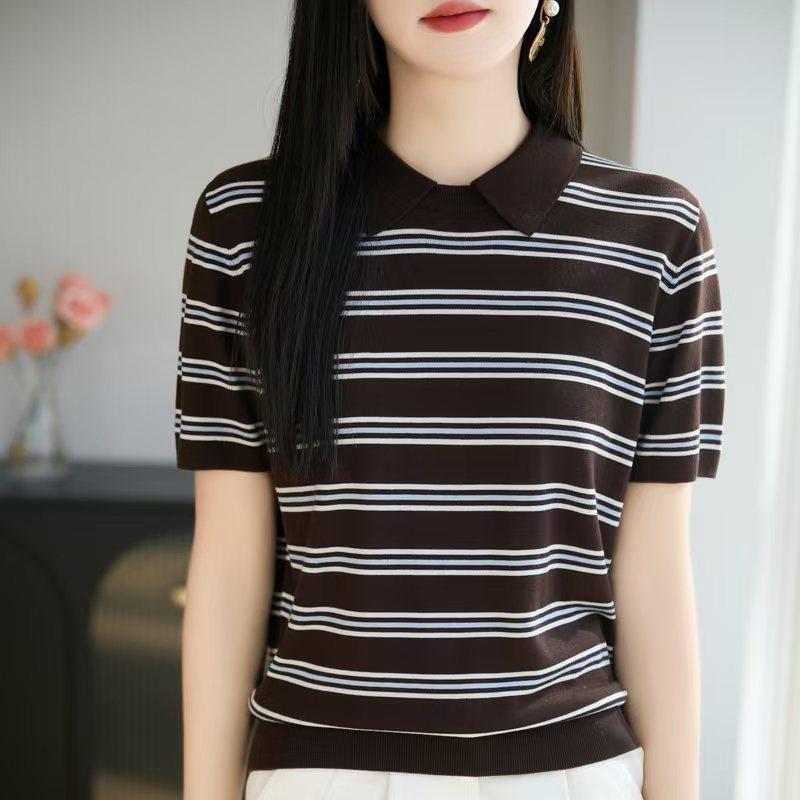 

Unique and extremely attractive striped knitted short-sleeved polo shirt for women in summer. New style, fits well and helps to slim the figure. XL колір темно кави