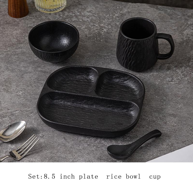 

Наборы бытовых керамических тарелок 8,5 дюймов Японский каменный узор Посуда Потеря веса Тарелка с тремя отделениями с миской, ложкой, чашкой 8.5 inches чёрный