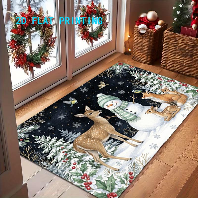 1pc, 2D Flat Printing, Christmas Winter Snowman Forest Animal Entrance Doormat, Colorful Non-Slip, Machine Washable Mat, Suitable for Home Decor, Entr