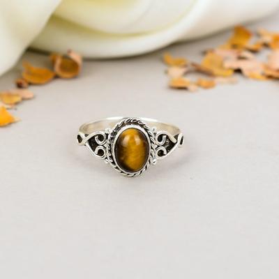925 Sterling Silver Tiger Eye Gemstone Oval Shape Brown Ring For Women