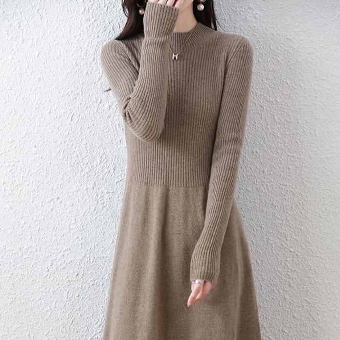 Autumn and Winter Knitted Dress for Women's Casual Mid-length Half Turtleneck Pullover Long-sleeved Sweater Dress