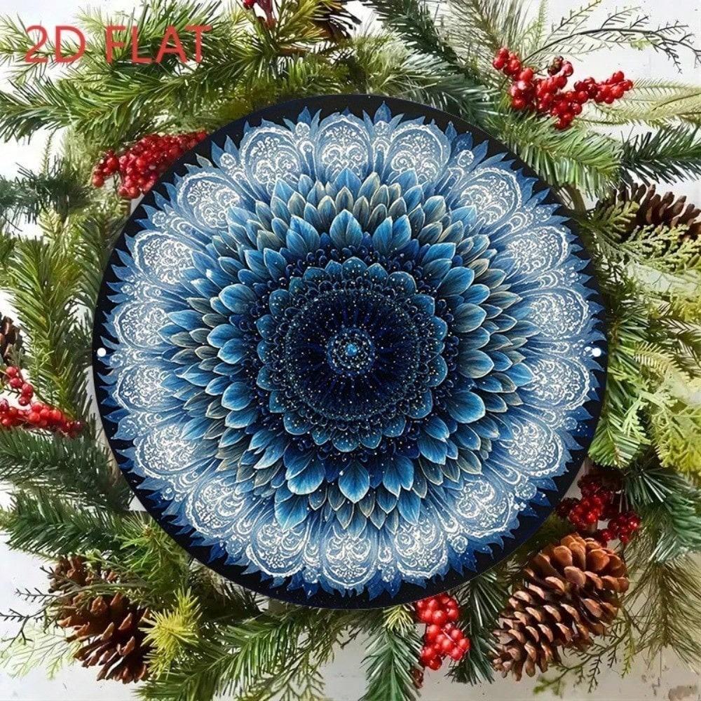 Vintage Retro Blue Sunflower Metal Wall Art 8x8 Inch Round Aluminum Geometric Floral Home Decor