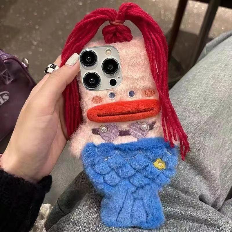 Husă de telefon moale tip scoică cu sirenă de pluș pentru iPhone 11, 12, 13, 14, 15, 16 - Design drăguț de desene animate pentru femei