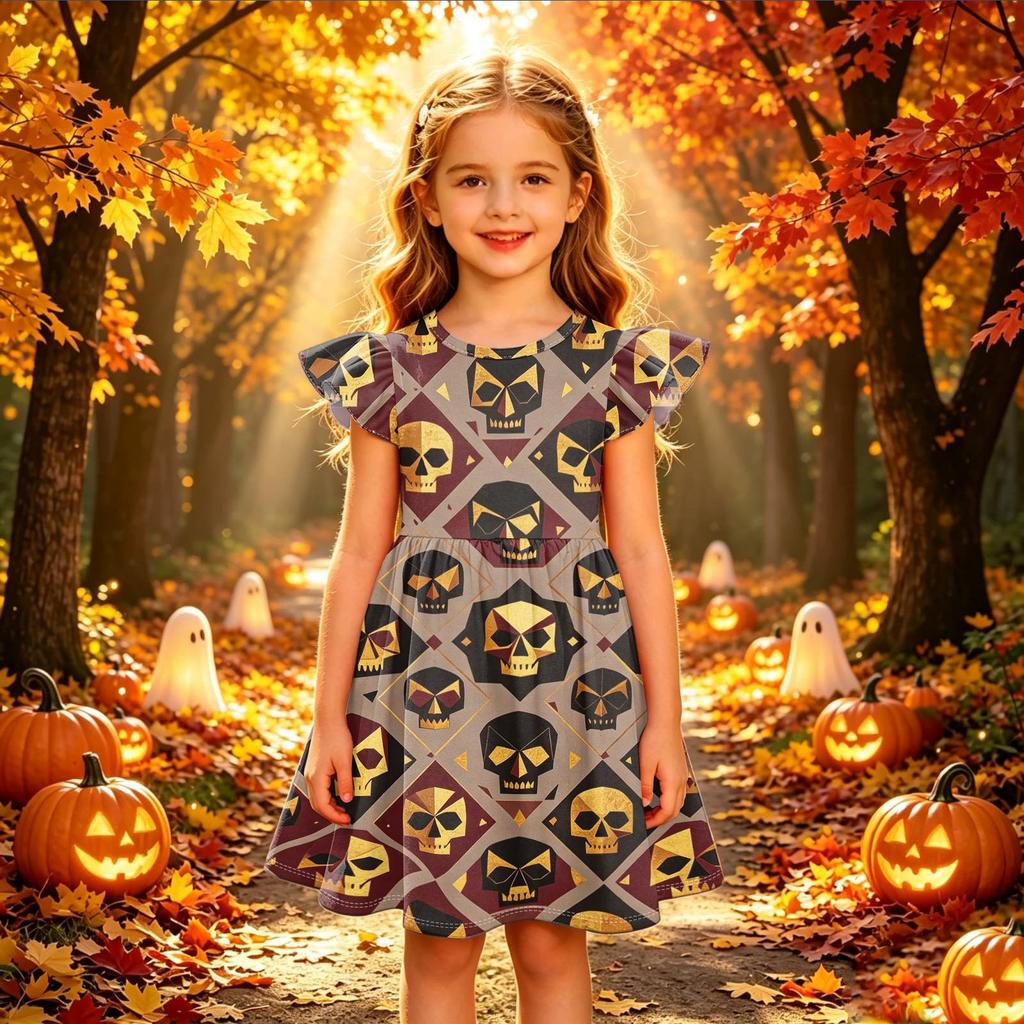 Kids Casual Halloween Printed Sleeve Dress for Party and Holiday