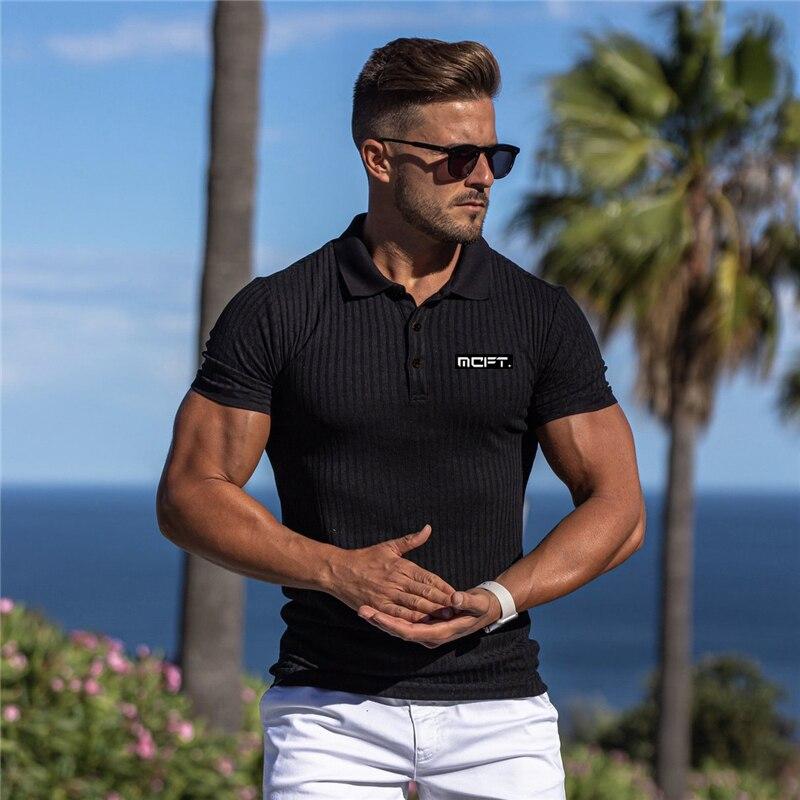 Muscleguys Men's Gym Clothes Summer Bodybuilding Comfortable Lapel Short-sleeve Youthful Printed Knitted Shirt Fashion Casual Streetwear