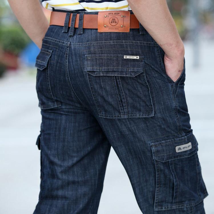 Four Seasons Men's Tooling Jeans Straight Loose Multi-pocket Long Pants Men