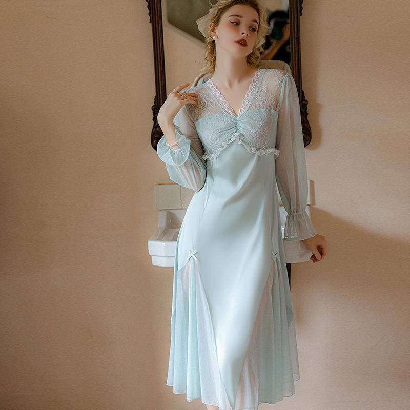 Women Sexy Sleepshirts Lace Patchwork Mesh V-neck Dress Nightgowns Porn Translucent Long Lounge Comfortable Clothing