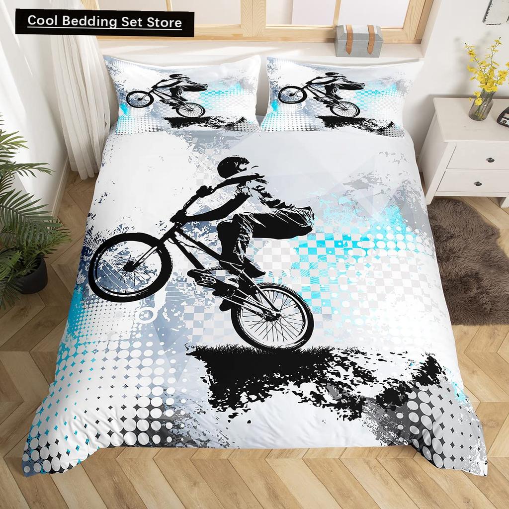 Dirt Bike King Queen Duvet Cover Motocross Sports Bedding Set Motorcycle Quilt Cover Youth Cool Black White Soft Comforter Cover