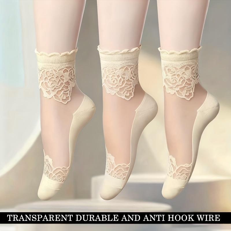 3pair Women's Thin Transparent Lace Socks, Comfortable, Breathable and Non-slip Boat Socks