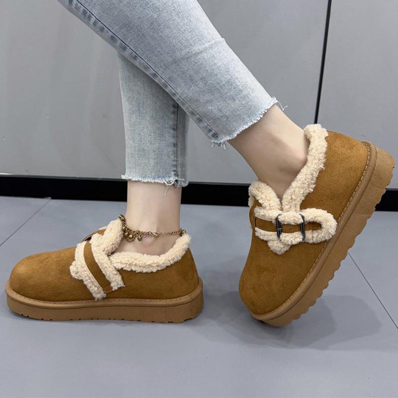Comfortable Buckle Strap Snow Boots Women Patchwork Round Toe Warm Flats Boots Woman Winter  Faux Fur Warm Botas Ladies