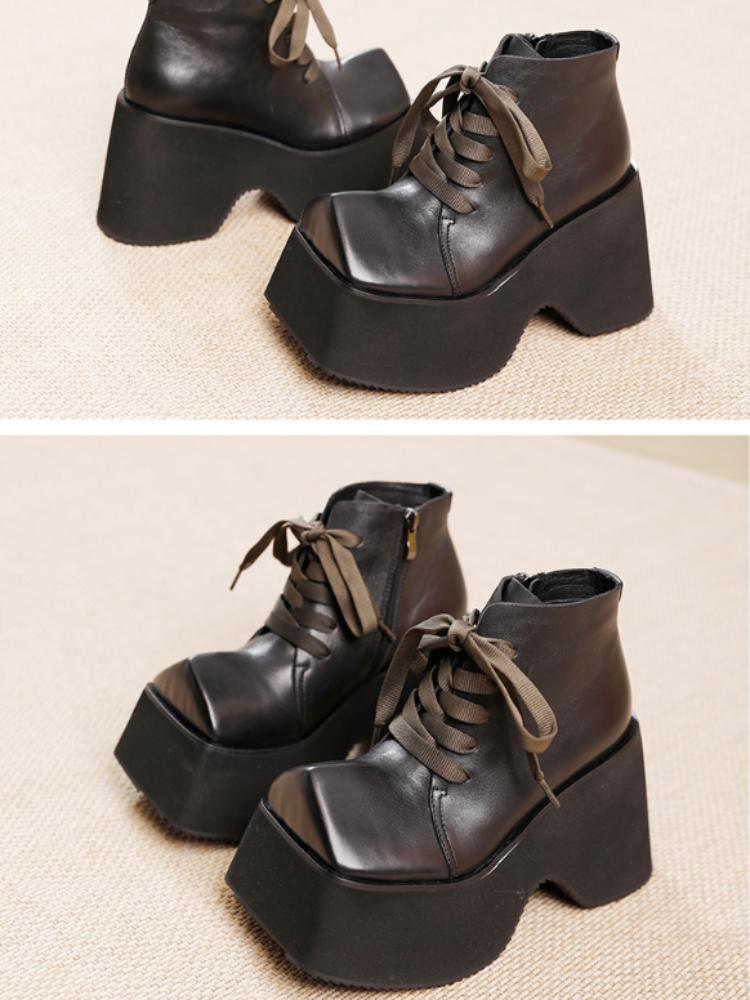 Johnature Sapatos retrô com sola grossa de 10 cm, bico quadrado feminino, couro legítimo, botas curtas com cadarço