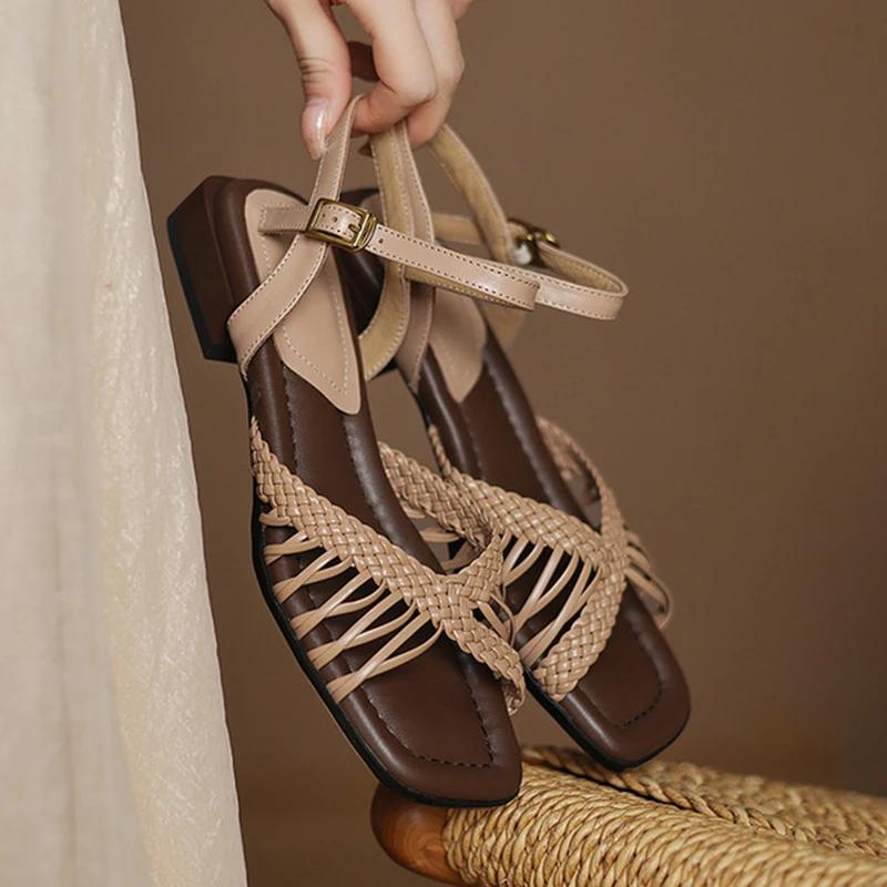 Fashion Weave Women Square Toe Heeled Sandals Designer Summer New Shoes 2025 Casual Woman Slippers Cozy Slides Pumps Mujer De Sandalias