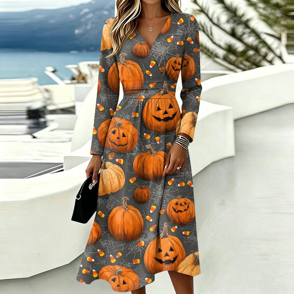 Abito casual da donna a maniche lunghe con scollo a V e stampa di Halloween, con tasche