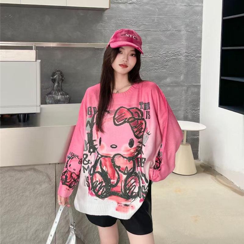 Korean-Style Cute Kitten Gradient T-Shirt Sweater for Women - Long Sleeve Spring/Summer Knitwear