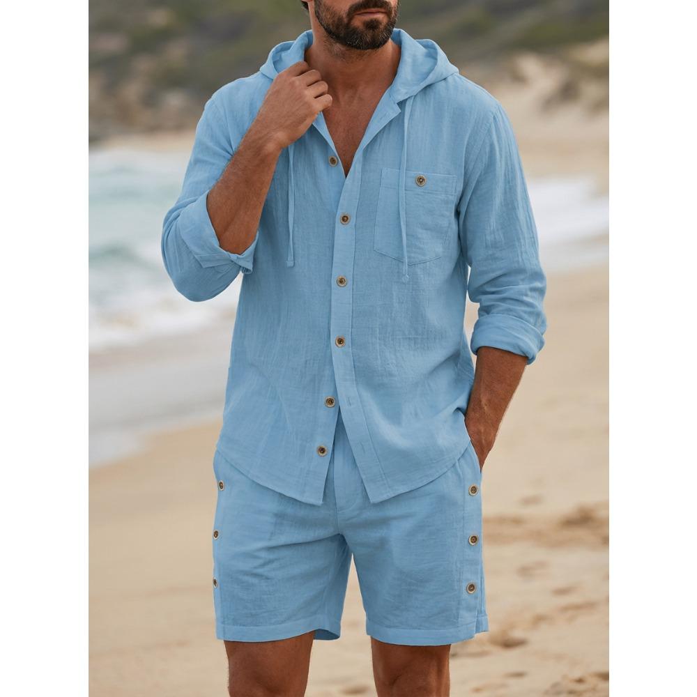New-style Sports Shirt: Trendy Men’s Cotton-linen Hooded Plain-colour Long-sleeved Top and Shorts – Casual Beach and Holiday Set