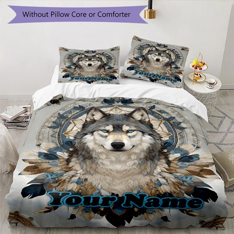 3PC Custom Name Wolf Spirit Dreamcatcher Bedding Set Duvet Cover Closure Includes 1 Duvet Cover & 2 Pillowcases for Bedroom