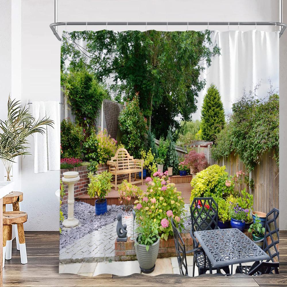 Garden Shower Curtain Arch Door Fence Vines Flowers European Garden Bathroom Decorations Landscape Bath Curtain With Hooks