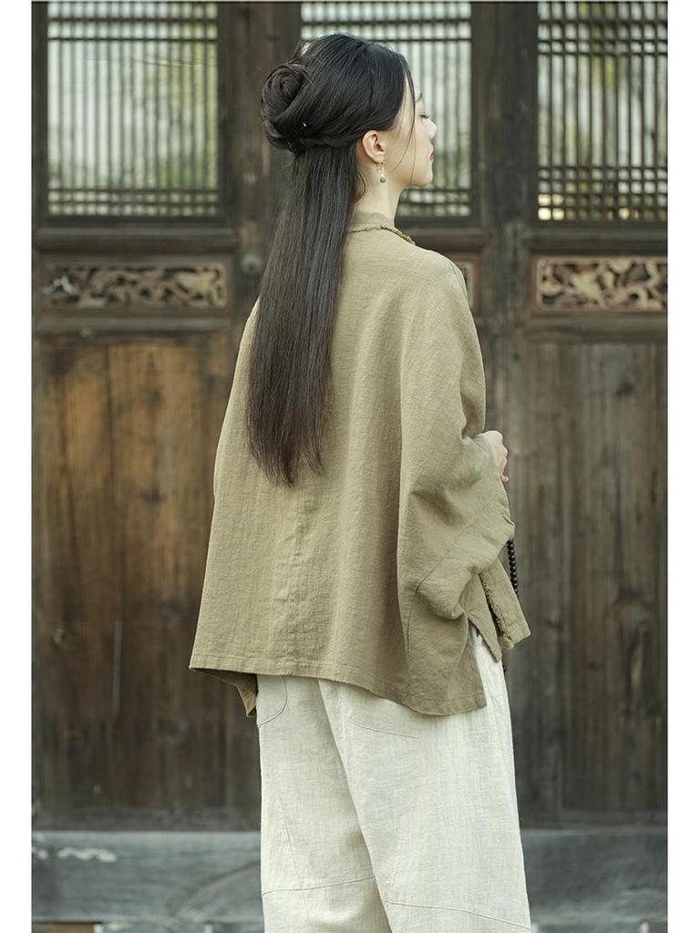 Women's Zen Style Long Sleeve Ramie Top with Frog Buttons - Chinese Retro, Sand Washed, Brushed Cotton Linen