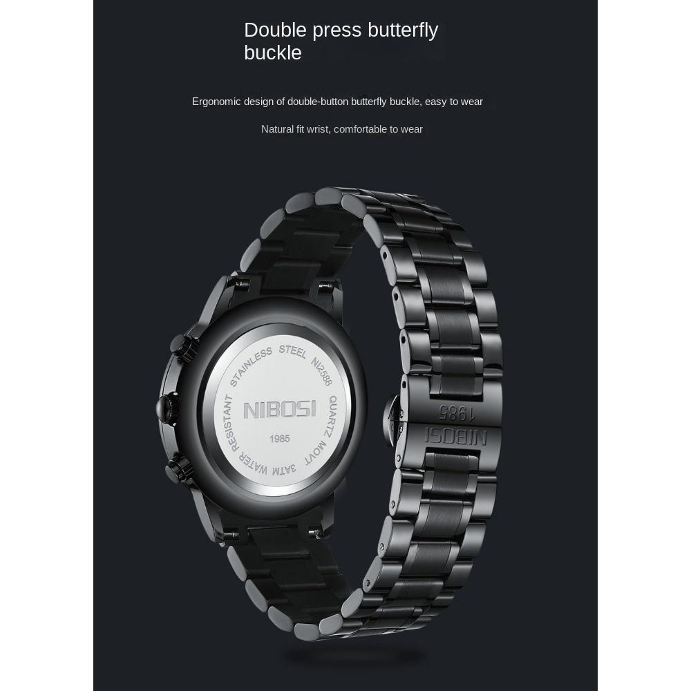 NIBOSI Men's Watch Black Fashion Simple Style Precision Travel Time Multi-functional Waterproof Luminous Quartz Watch
