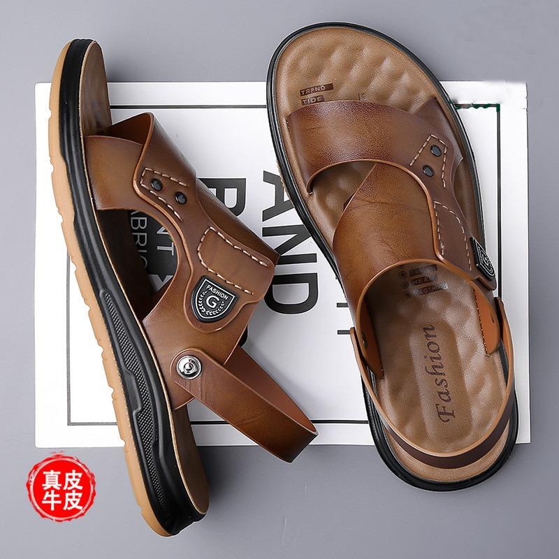 Sandals men's leather beef tendon beach shoes outer wear summer new non-slip soft-soled casual waterproof two-in-one slippers