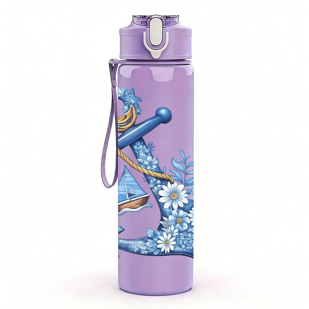 1PC Vintage Anchor Ocean Art Print 750ml Color Plastic Sports Water Bottle Leakproof Flip Straw Lid Suitable for Sports Office Home Use