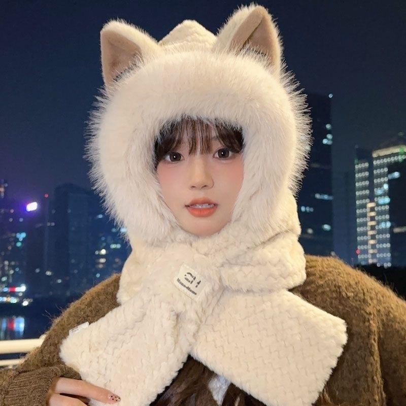 Winter Simple New Style Thickened Warm Plush Scarf All-in-one Hooded Scarf Three-in-one Cute Fox Ear Hat Female Hooded Ski Mask