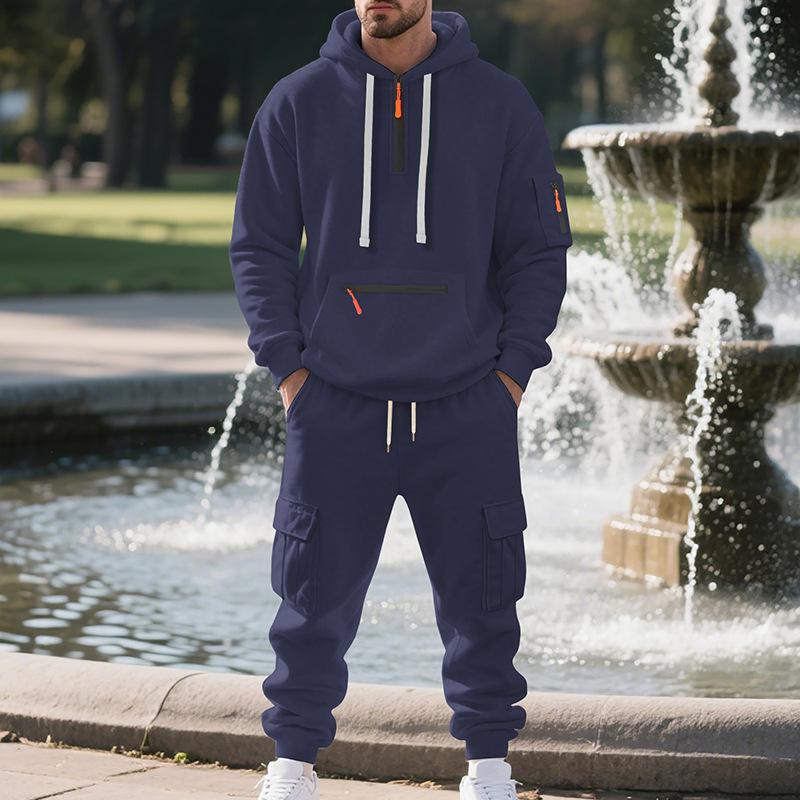 Mens Warm Thick Multiple Pockets Hooded Sweatshirt And Cuffed Sweatpants Two Piece Sports Set