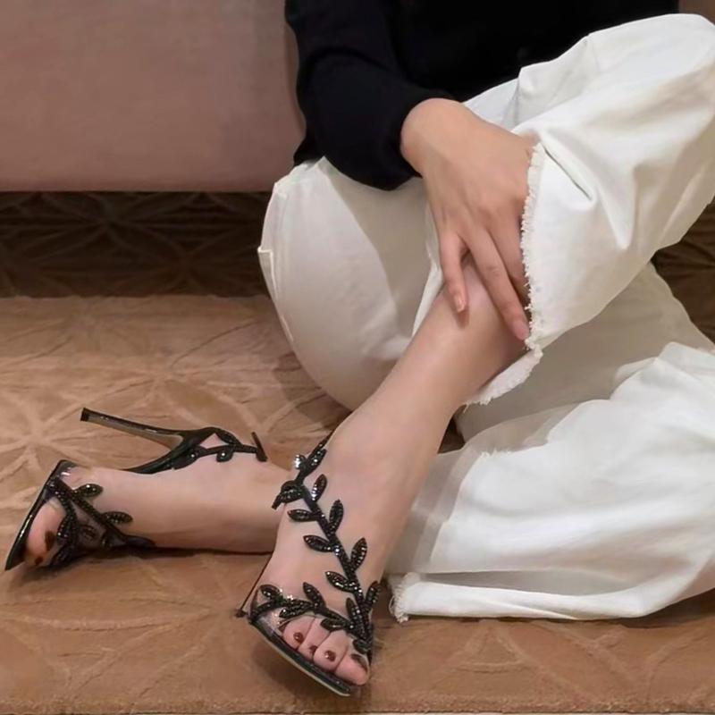 Black Rhinestone Leaf Sandals New Spring and Autumn Pointed Patent Leather Temperament Beautiful Thin Heel Word with Celebrity High Heels