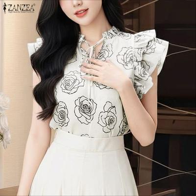 Womens Casual Round Neck Ruffles Short Sleeve Loose Print Blouse