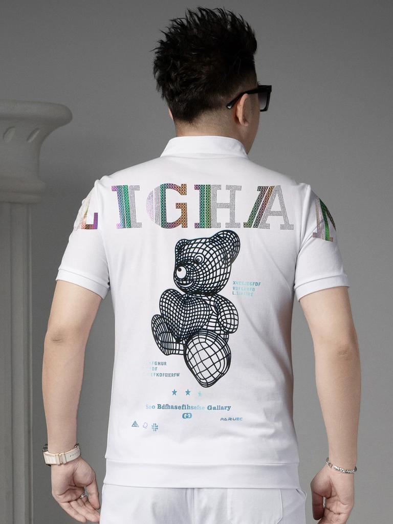 Ozhouzhan Bear Print Hot Drilling Short Sleeve T-shirt Men 2025 New Summer Trendy Stand Collar Half Sleeve Polo Shirt