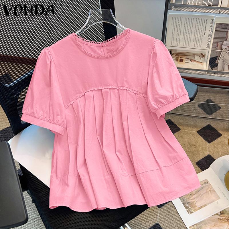 VONDA Women Summer O-neck Short Sleeve Lace Hem Casual Ruffled Blouse