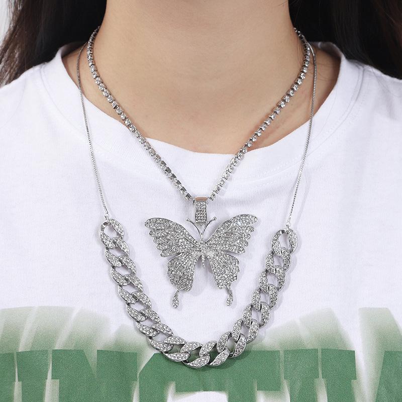 Elegant Accessory Temperament, Full of Rhinestones, Cuban Buckle Accessories for Women, Sweet and Cool, Layered Butterfly Pendant Necklace